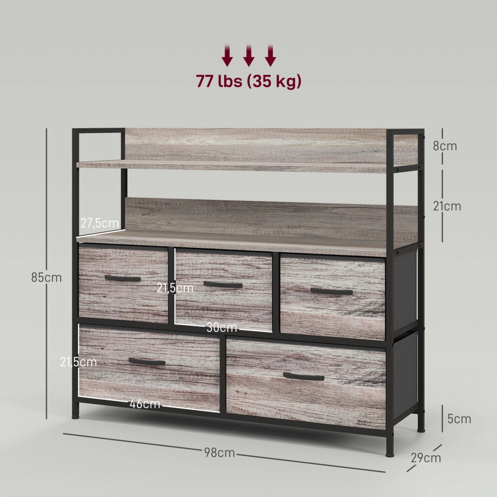 Cassettiera 5 cassetti stile industriale con ante in tessuto ¨C zephmum ¨C grigio 98x29x85 cm