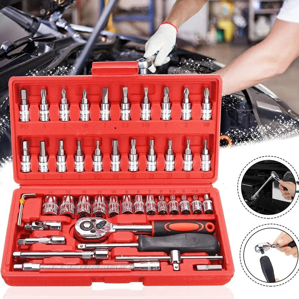 Trade Shop - Set Kit 46 Pezzi Chiavi A Bussola Con Cricchetto 1/4" Cacciavite Esagonale Tubo -
