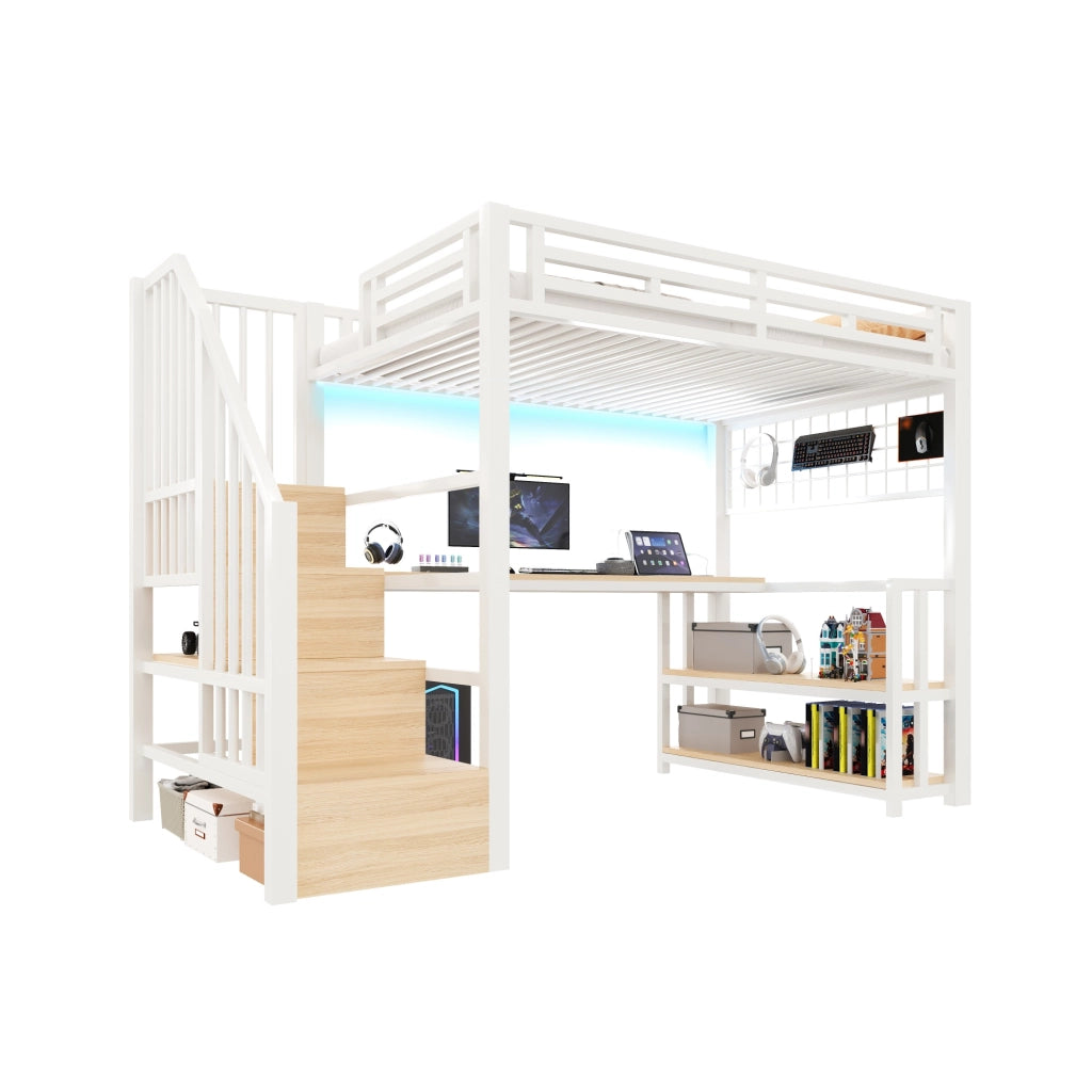 Letto a soppalco con scrivania e LED - Zephmum- 90x200 cm, Bianco, con USB e ripostiglio