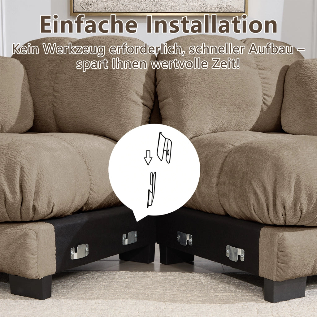 Divano angolare a U 3 posti con pouf mobile e 2 cuscini, Chenille, Marrone