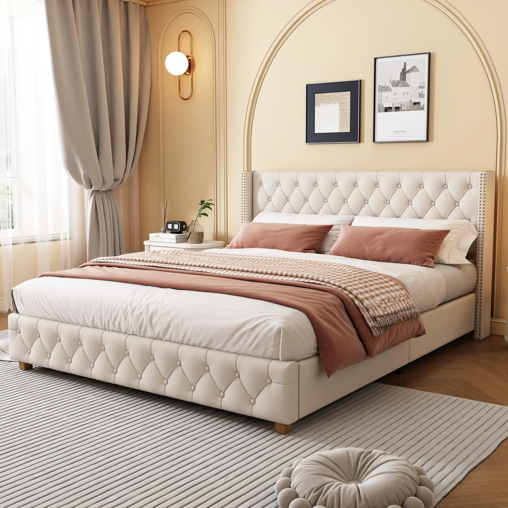 letto imbottito lino beige 160 x 200 cm