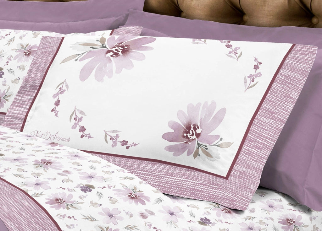 Completo Lenzuola Letto Flanella Calda 100% Cotone Disegno Fiori 8284 - Matrimoniale - Rosa