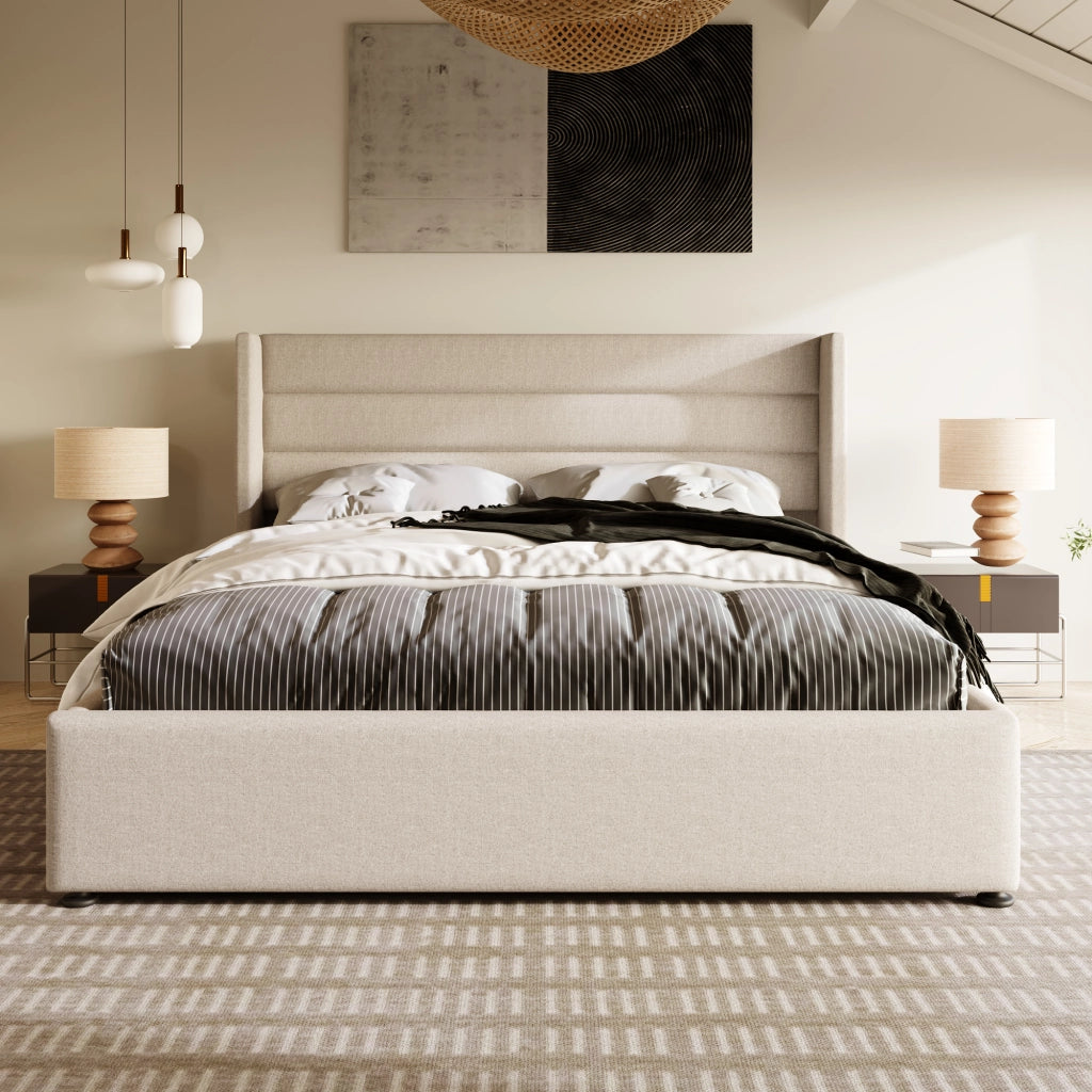 LETTO Contenitore 140x200 cm in Lino Beige con rete sollevabile