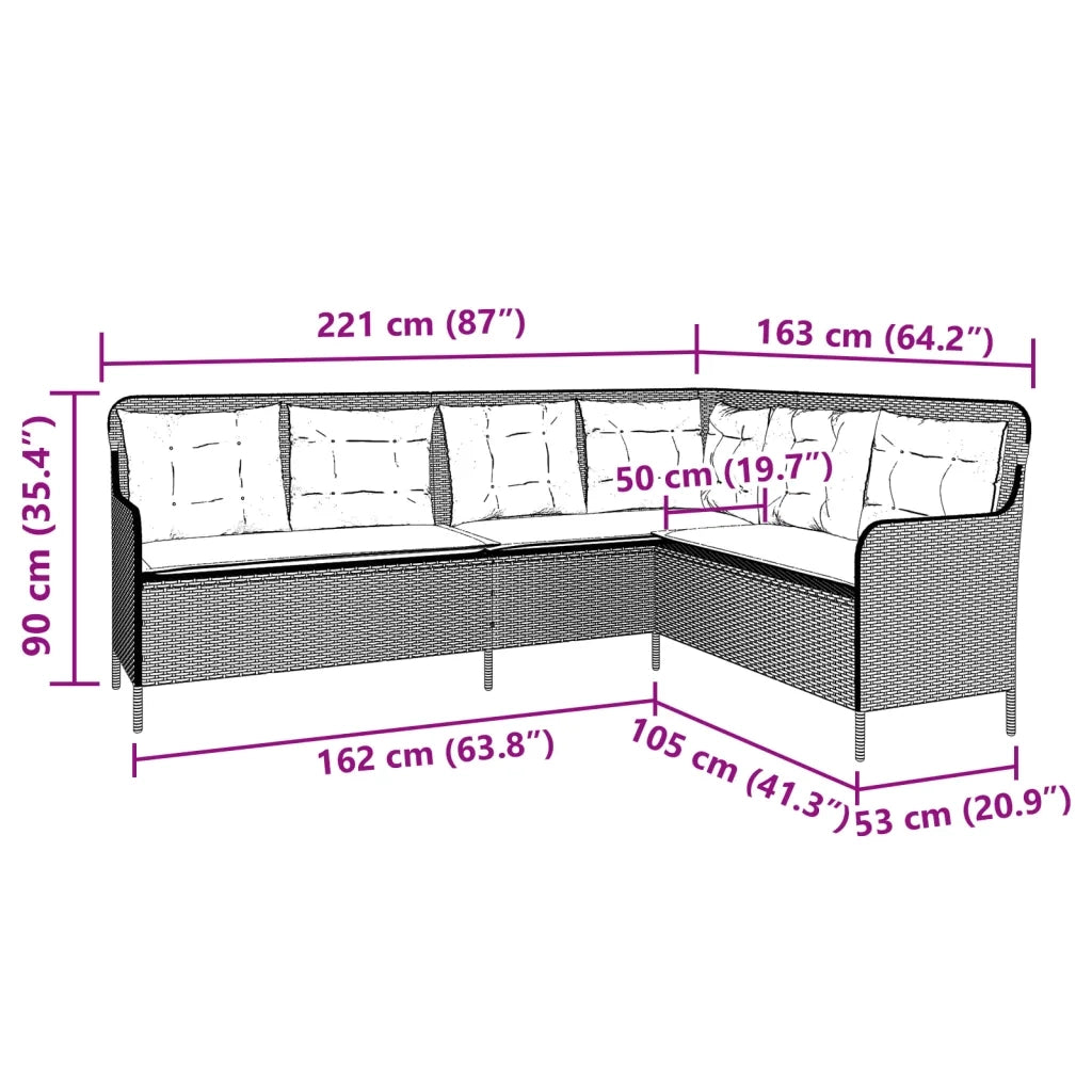 Divano da Giardino a L con Cuscini Nero in Polyrattan 369000