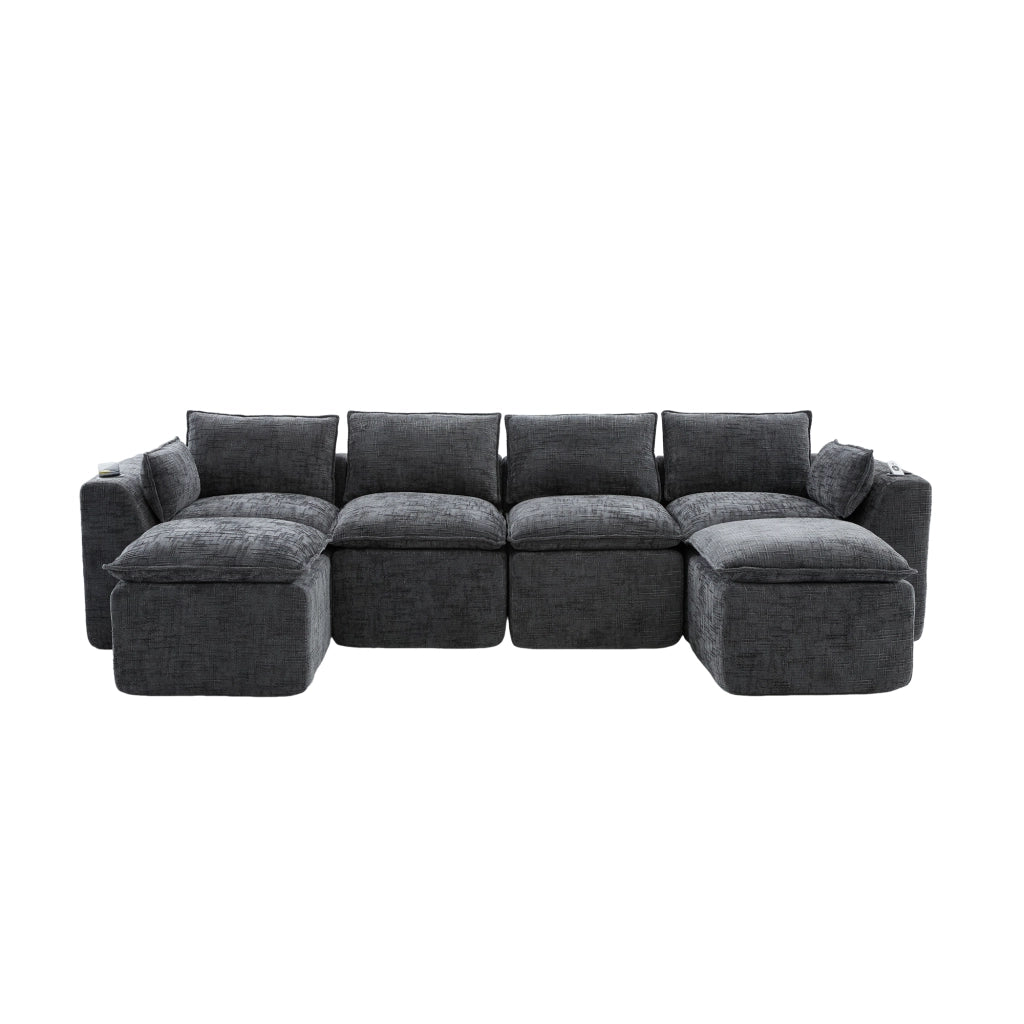 Divano 4 Posti con Poggiapiedi, Cuscini e Portabicchieri ¨C MINIMAL ¨C Grigio Chenille