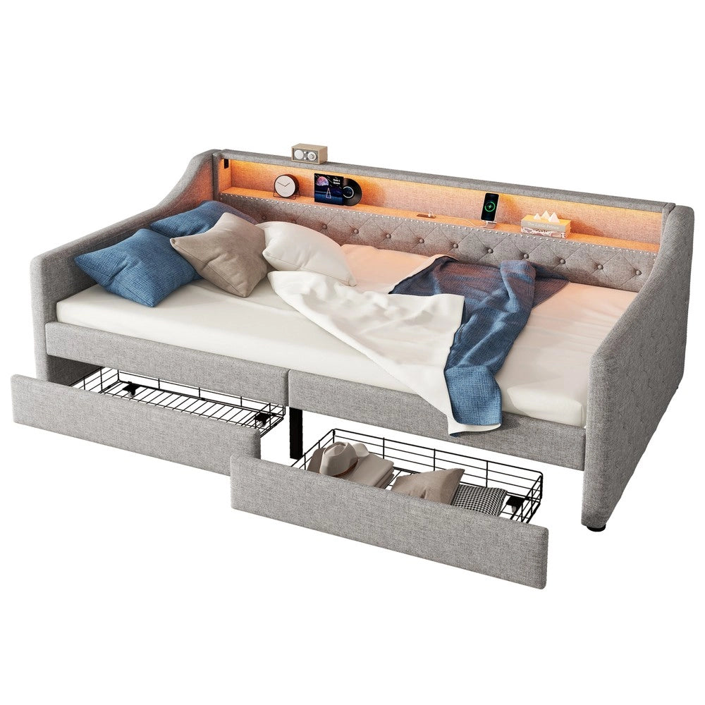 Letto Singolo Divano con Doghe e Cassetti ¨C MINIMAL ¨C Grigio, LED, 90x200