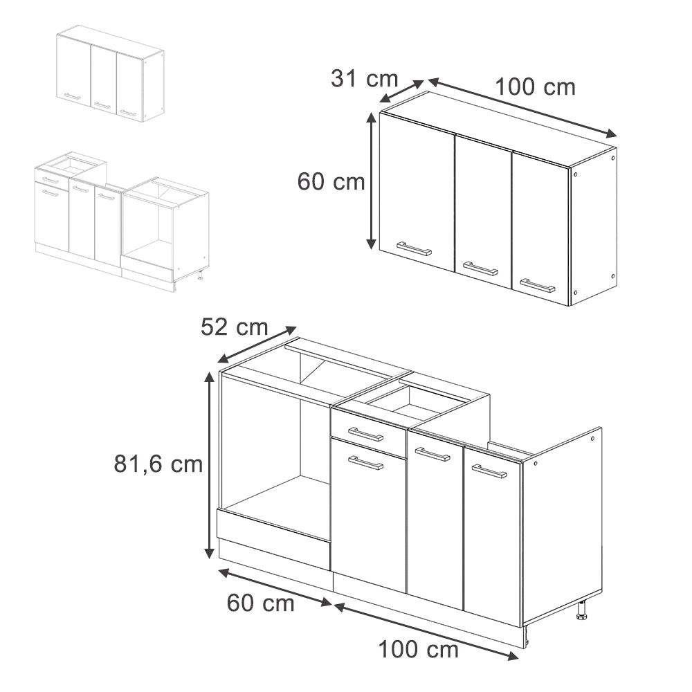 Vicco Cucina completa Bianco lucido/antracite 160 cm con colonna forno senza piano di lavoro