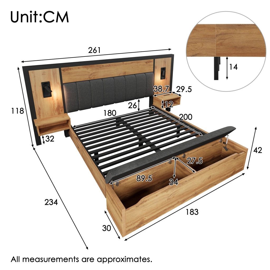 Letto matrimoniale 180x200 con comodini, luci LED e panca contenitore
