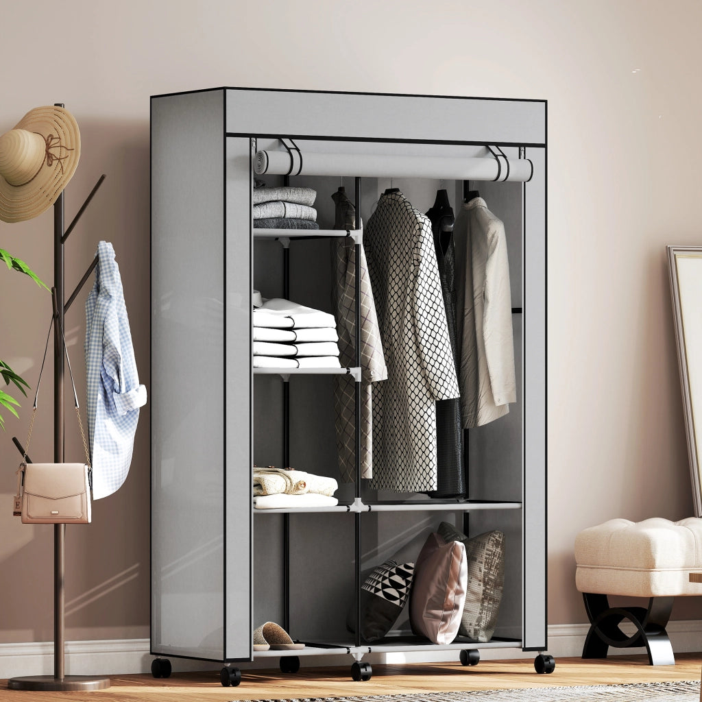 Armadio in Tessuto con 6 Ripiani e Appendiabiti ¨C Minimal ¨C Grigio Chiaro