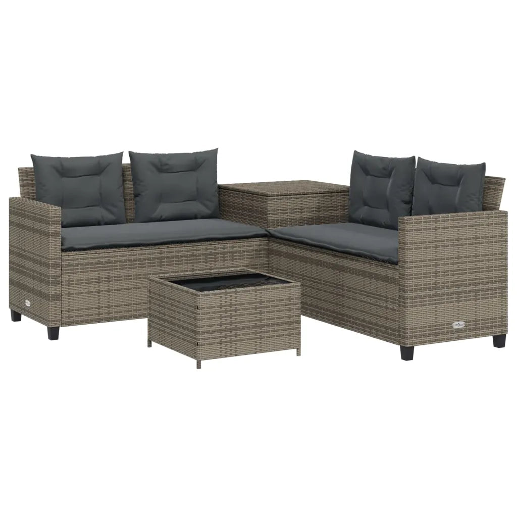 Divano da Giardino con Tavolo e Cuscini a L Grigio Polyrattan 369029