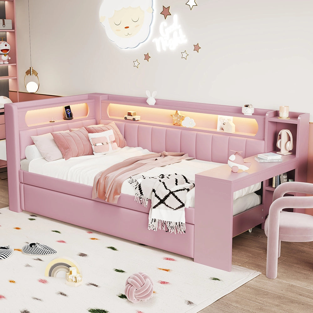 Letto a giorno-Xylo-90x200 cm-USB, LED, letto ribaltabile, scrivania, rosa