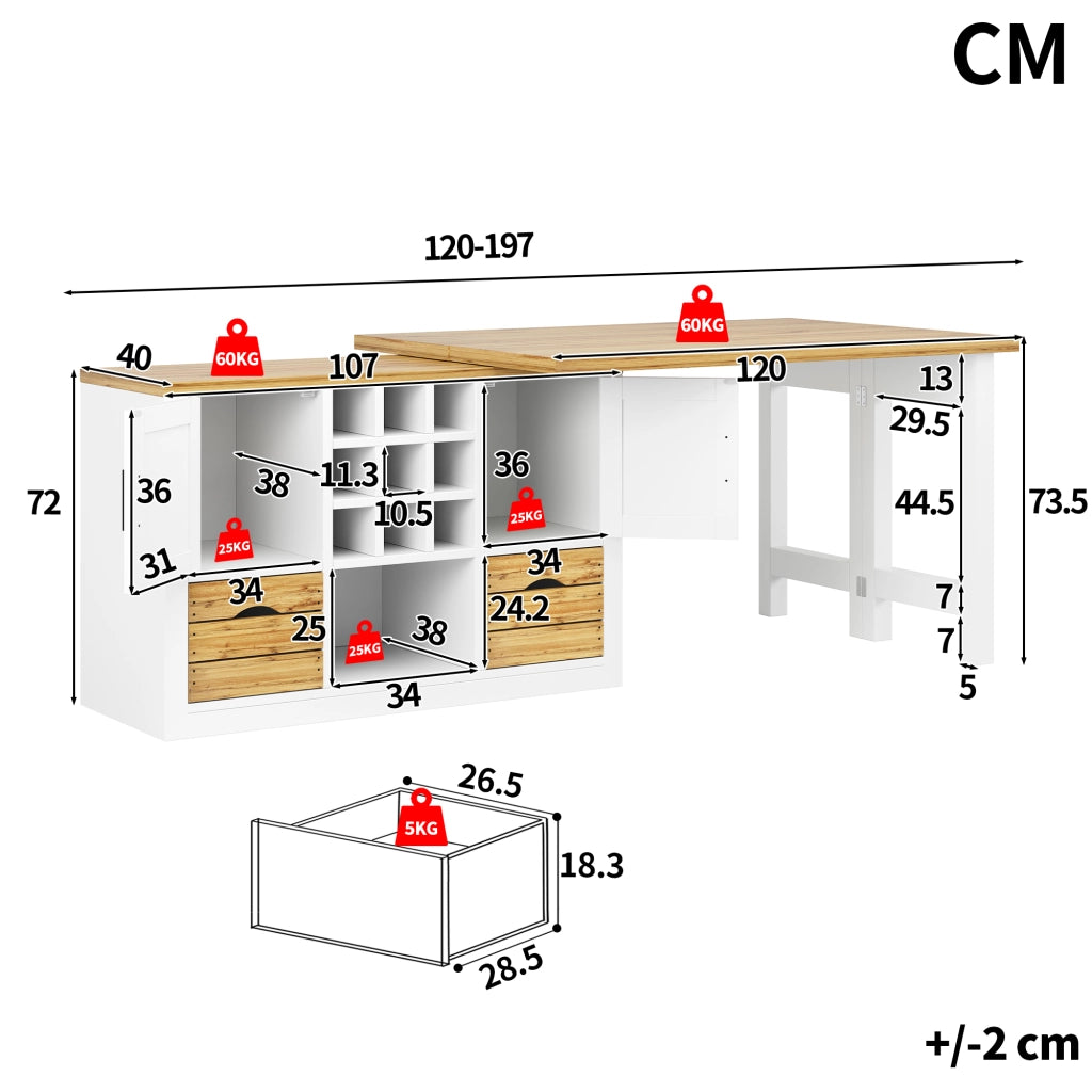 Tavolo da pranzo allungabile con credenza; piano girevole a 360°; cassetto e portabottiglie; per cucina e soggiorno; bianco; 120 × 40 × 72 cm