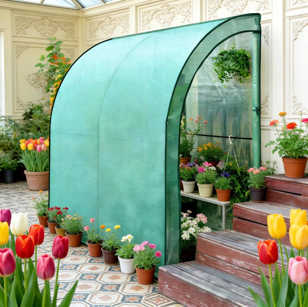 Serra da giardino addossata 200x100x210 cm in metallo e PE verde da fissare a parete
