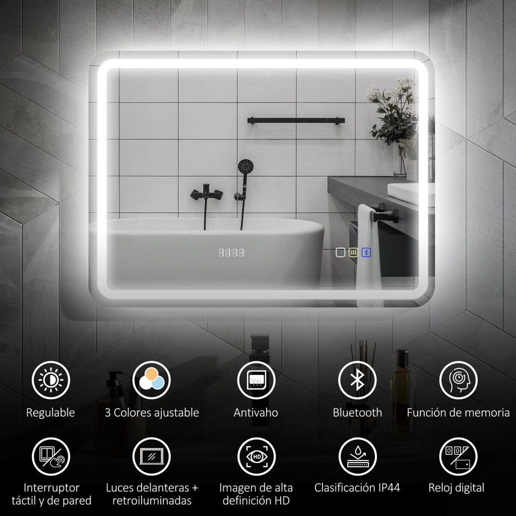 Specchio da Bagno con Luce LED e Bluetooth ¨C Minimal ¨C Bianco 80x60 cm