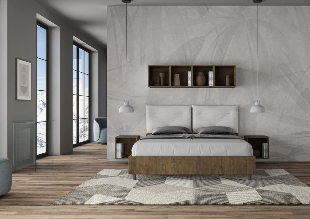 BS COM Letto matrimoniale con rete 160x190 Noce cuscini similpelle bianco