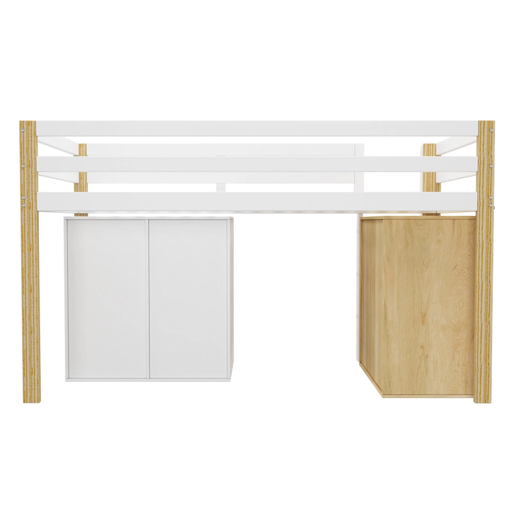 Letto a soppalco multifunzionale per bambini 90 x 200 cm con 2 armadi contenitori e scala, Naturale + Bianco