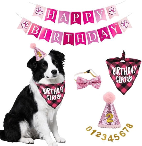 Set di bandana per cani, 5 pezzi, decorazione per compleanno cani, cappello con 10 numeri brillanti e cartellone "Happy Birthday" per cani piccoli, medi e grandi, decorazione per compleanno cani (rosa)