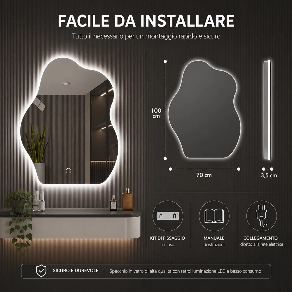 Specchio Forma Ondulata da Parete 50x70cm con Led Bianco Freddo Caldo e Naturale