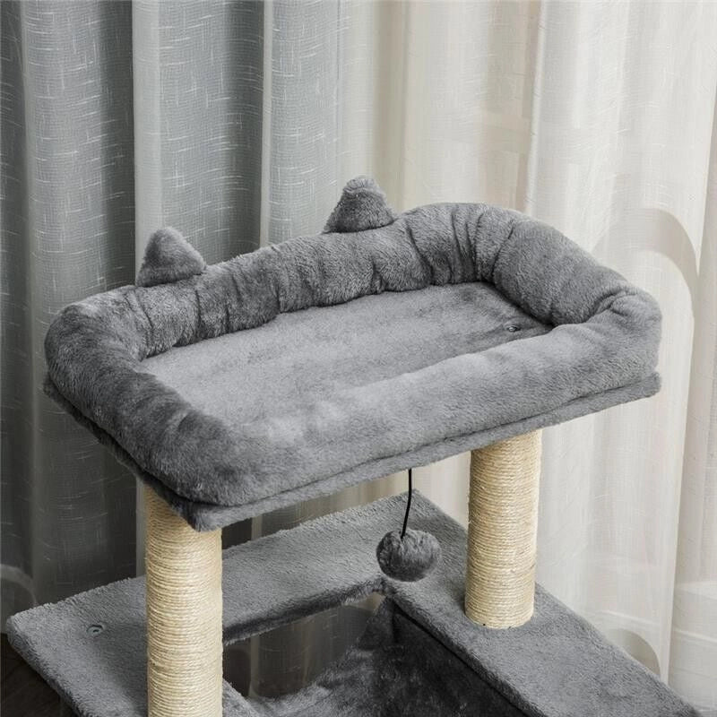 ALBERO PER GATTI CON TIRAGRAFFI IN CORDA SISAL, CASETTA, CUSCINO E AMACA, RIVESTIMENTO IN PELUCHE E FELTRO 100CM H GRIGIO