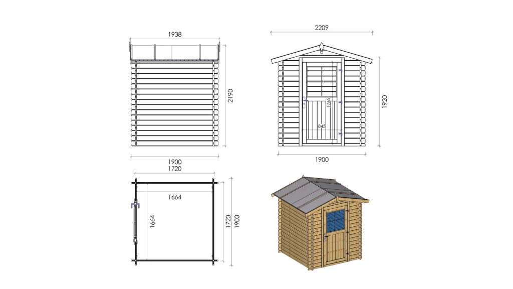 Casetta da giardino in legno - 3.61m2 - 1.9x1.9m - 28mm - colore: naturale - DOM593 - ALTANKA