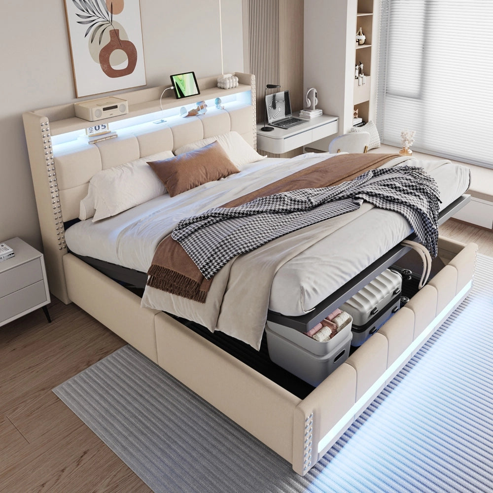 Letto matrimoniale - Xylo - 180x200 cm LED lino beige