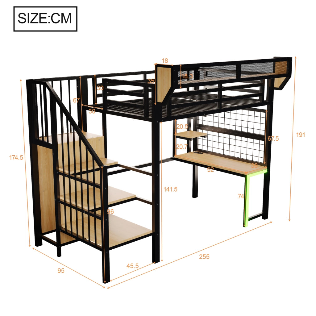 LETTO a soppalco 90x200 cm in metallo nero con scrivania e ripiani
