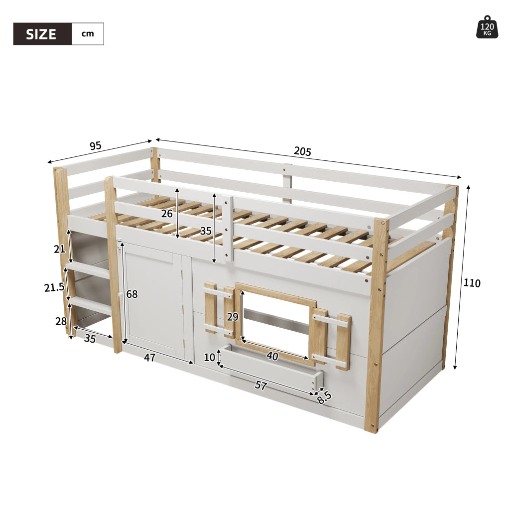 LETTO A SOPPALCO 90x200 cm in Legno massello Bianco con Scala e Area Gioco
