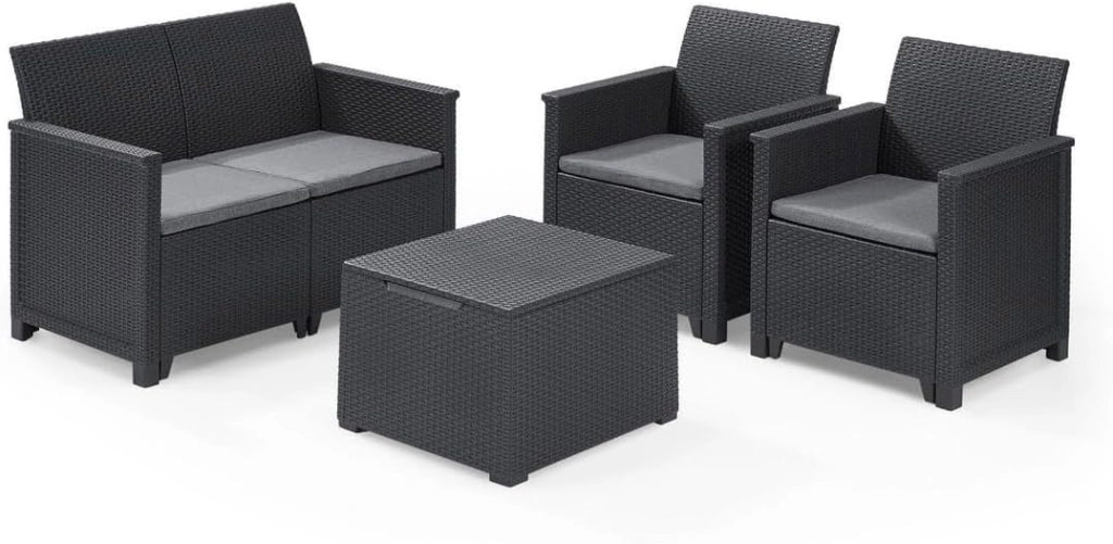 Salottino da Esterno Emma Lounge Set 4 Pezzi in Resina Effetto Rattan Colore Graphite con Divano, 2 Poltrone e Tavolino Contenitore Keter