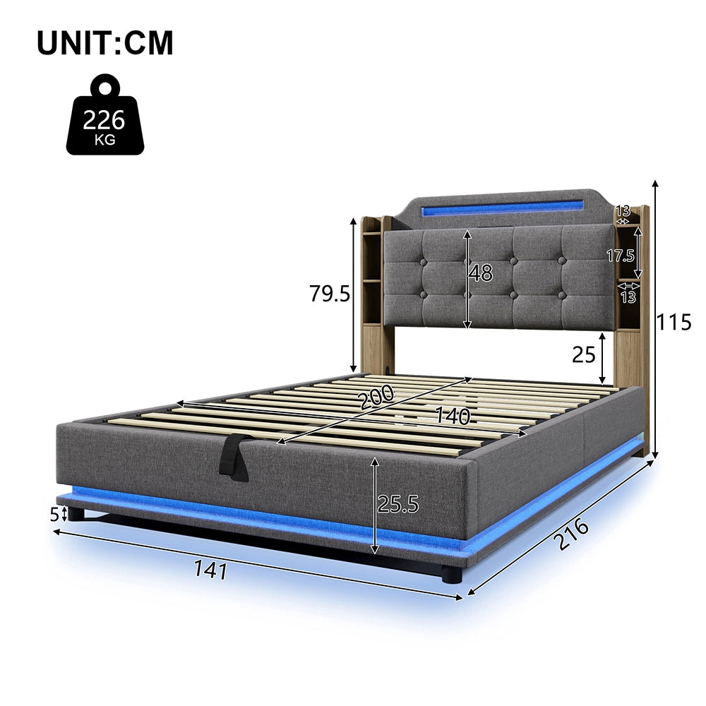 Letto-Xylo-140x200 cm-LED, USB-C, scomparti, lino grigio