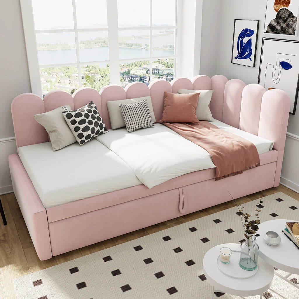 Divano letto estraibile a L 90x200/180x200 cm in velluto rosa con letto supplementare