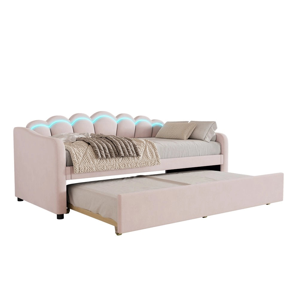 Letto Singolo Imbottito con LED ¨C MINIMAL ¨C Velluto Rosa 90x200