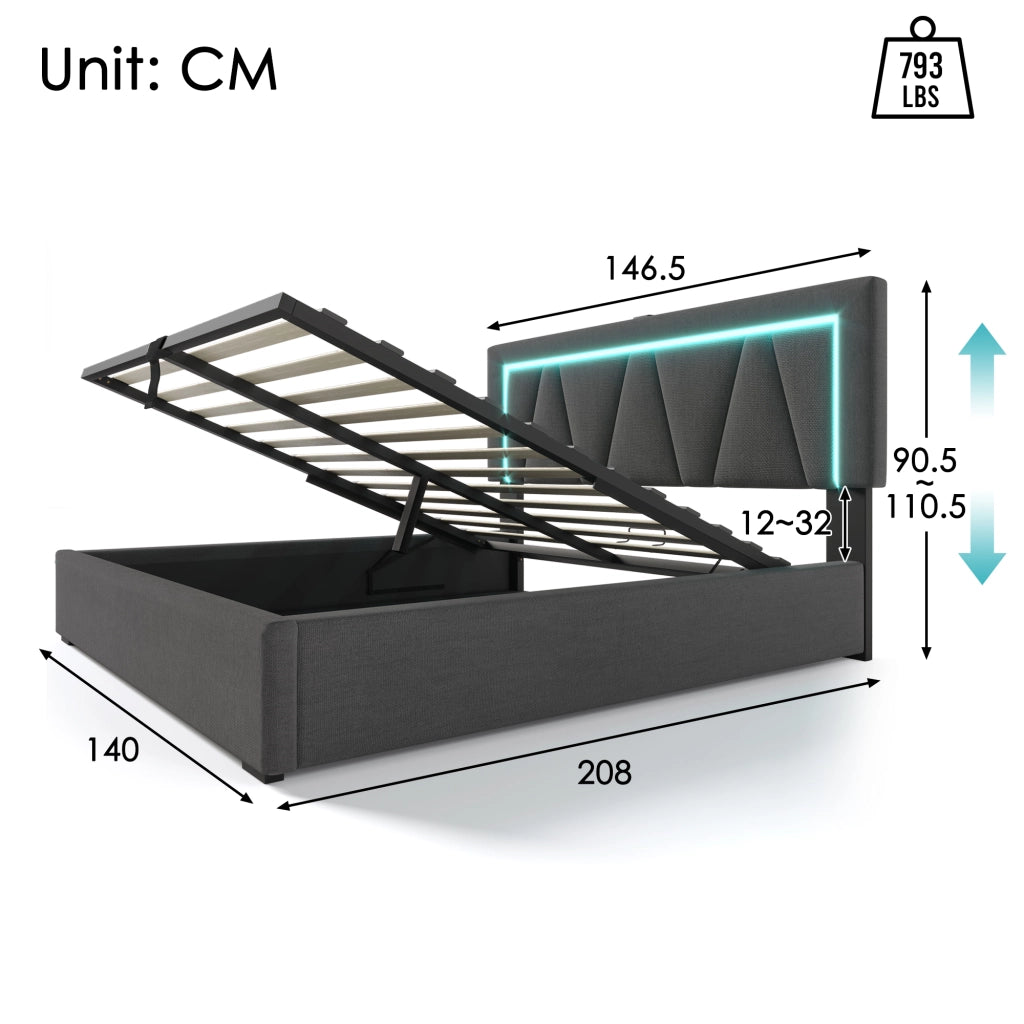 LETTO imbottito 140x200 cm in lino grigio con LED e USB Type-C