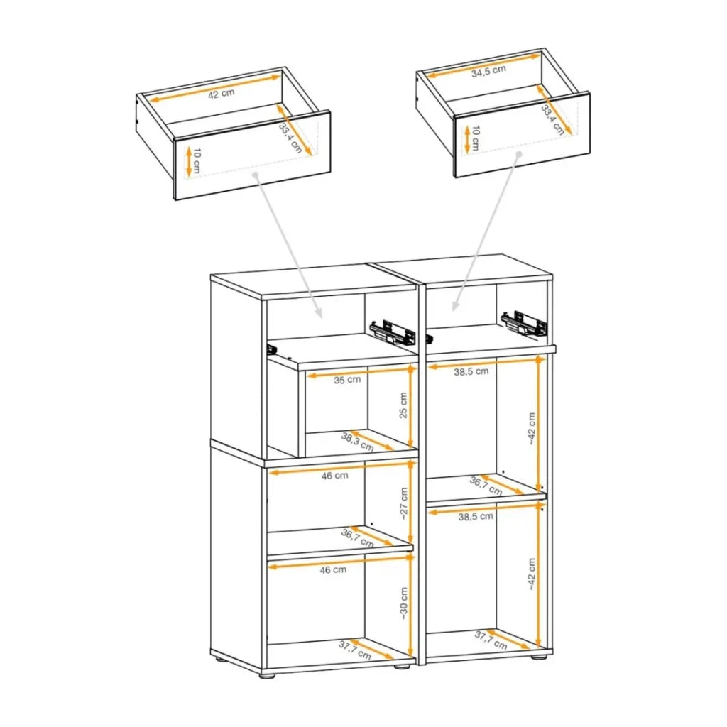 Buffet CRISS – 2 porte, 2 cassetti, LED – Rovere chiaro e nero