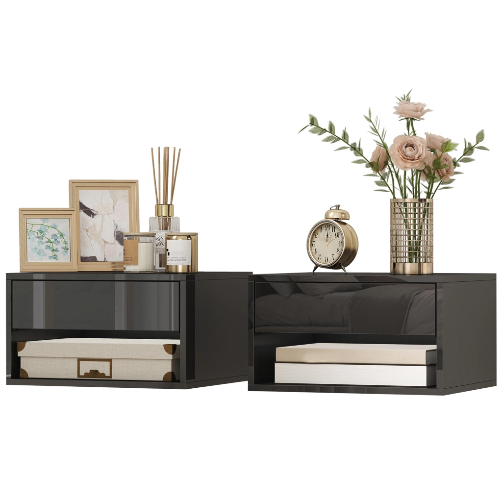 Comodino con cassetto ¨C Zephmum ¨C 37x32x21 cm Nero Lucido