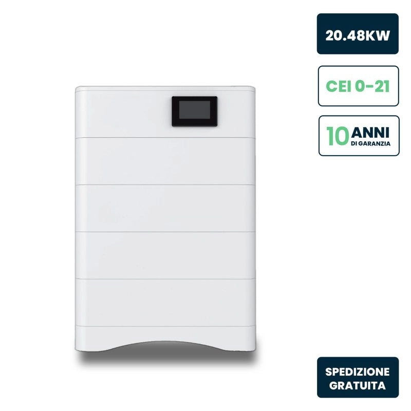 Kit 4 Moduli di Accumulo Impilabili Alta Tensione 20kWh LiFePO4 BMS Integrato, Inclusa Base e Box di Controllo, 100Ah, 204.8V, IP65, CEI 0-21 Garanzia 10 Anni SKU-120024