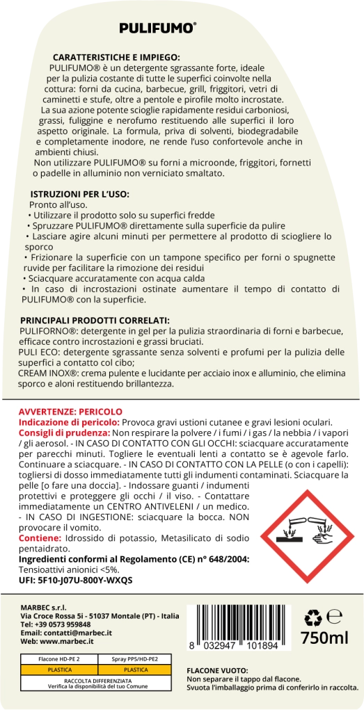 Detergente spray sgrassatore forte per pulizia ordinaria di forni, barbecue, stufe e pirofile MARBEC PULIFUMO® 750MLX6PZ