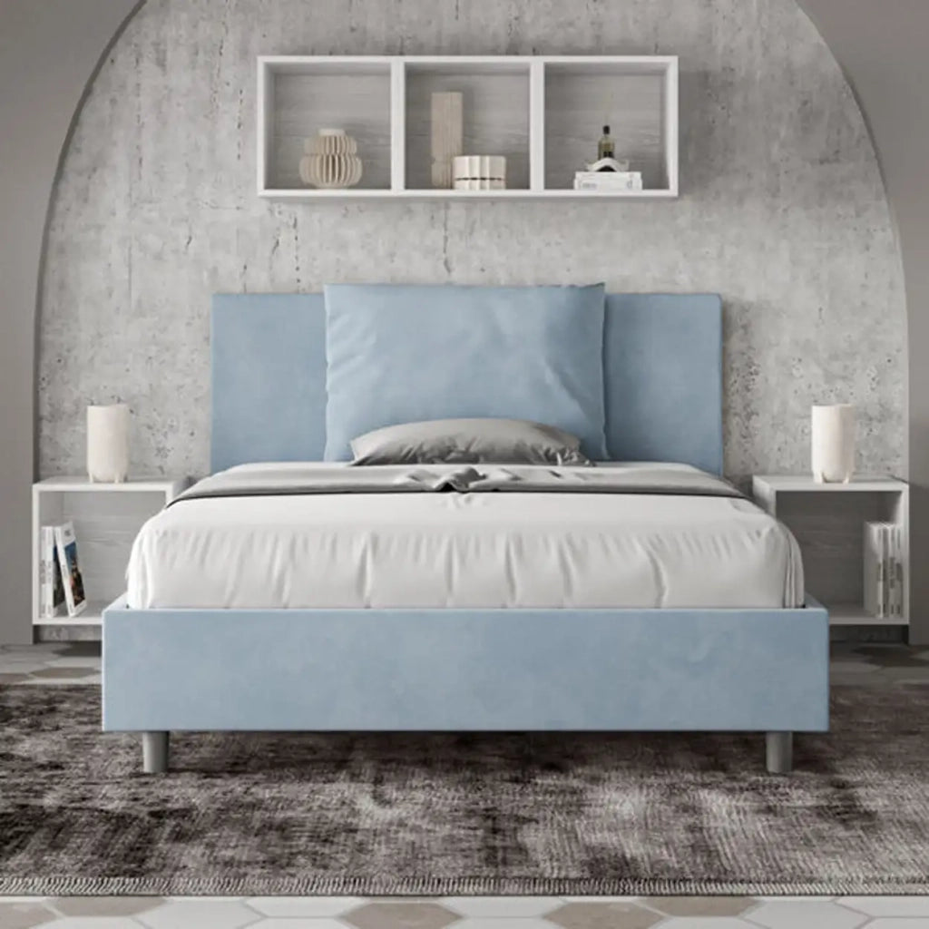 Letto matrimoniale francese senza rete imbottito 140x200 microfibra azzurro Antea