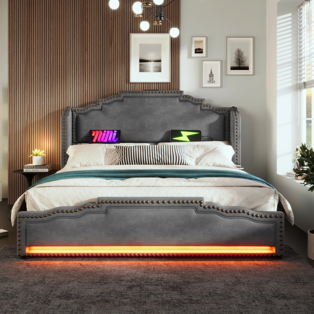 LETTO matrimoniale 180x200 cm con 4 cassetti, LED, USB e Type-C, velluto grigio