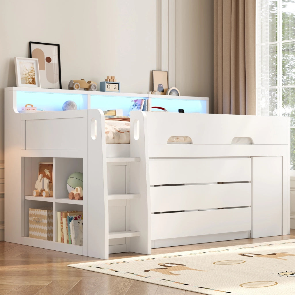 Letto semi-alto 90x200 cm scrivania con luci LED e porta USB cassetti in MDF bianco e compensato