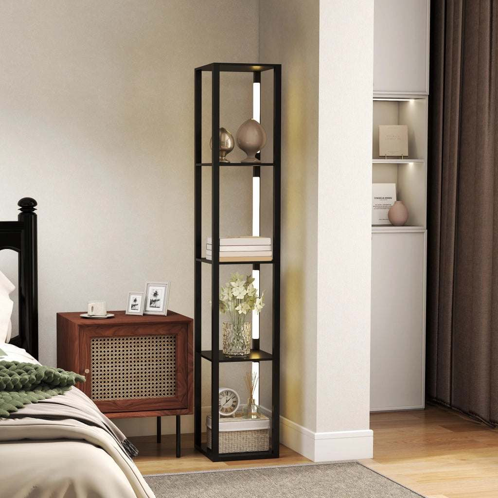 Lampada da Terra con 4 Ripiani, 3 Luminosit¨¤ Regolabili e Interruttore a Pedale, 29x29x163 cm, Nero