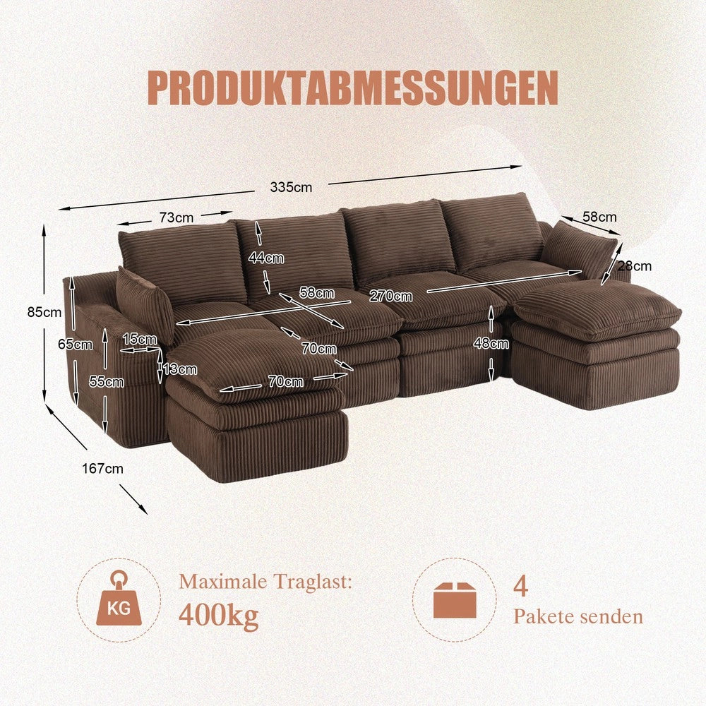 Divano modulare a 4 posti con pouf - Zephmum - Marrone, cuscini inclusi, 3 strati schiuma