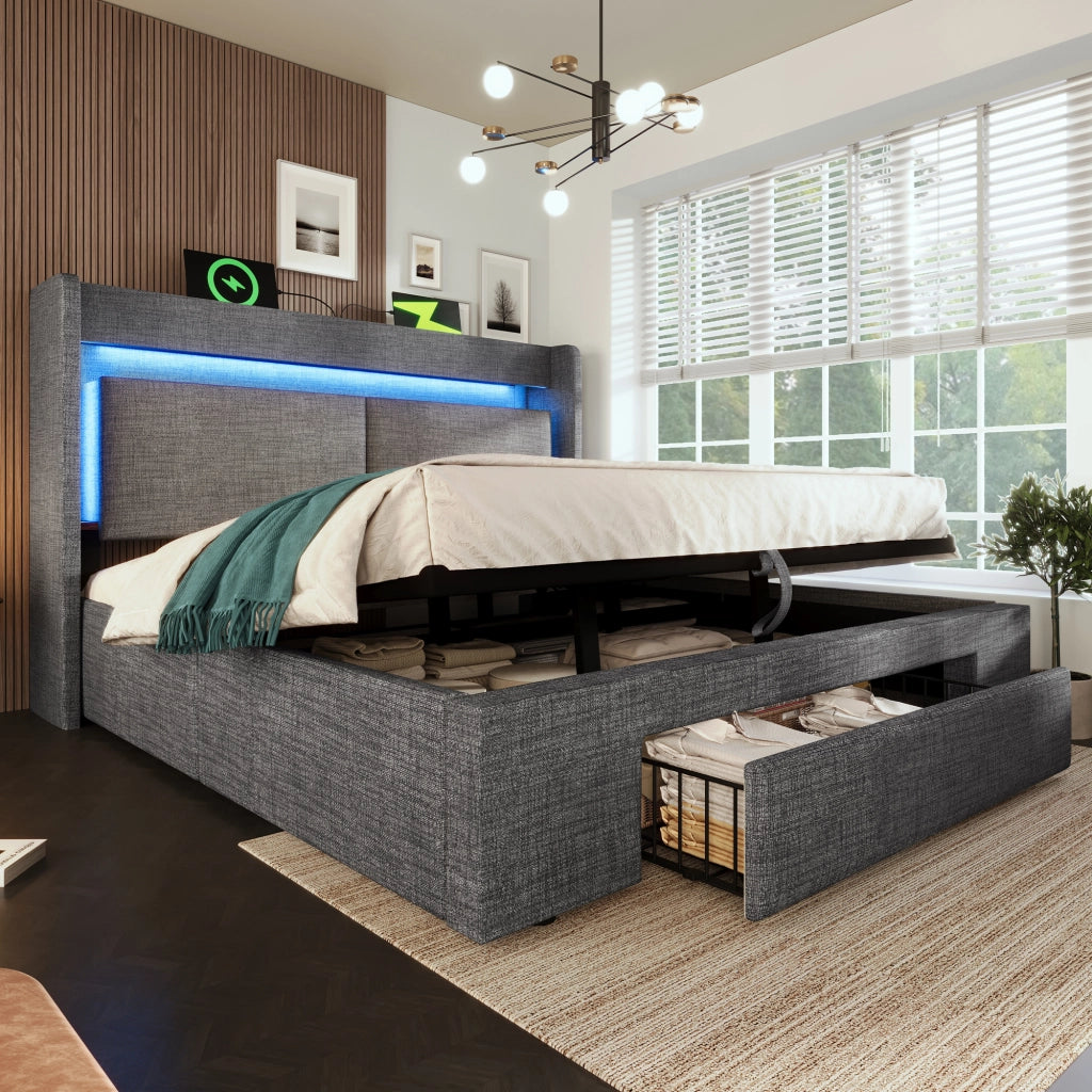LETTO Contenitore 160x200 cm con testiera LED e porte USB, grigio
