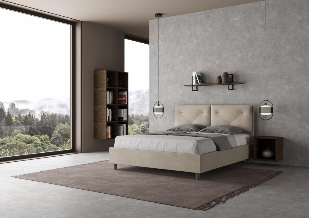 BS COM Letto queen size con rete imbottito 150x210 microfibra sabbia Large