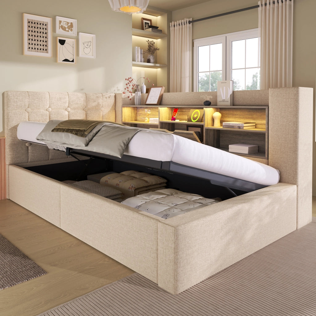 LETTO 90x190 cm con LED e contenitore idraulico, lino beige