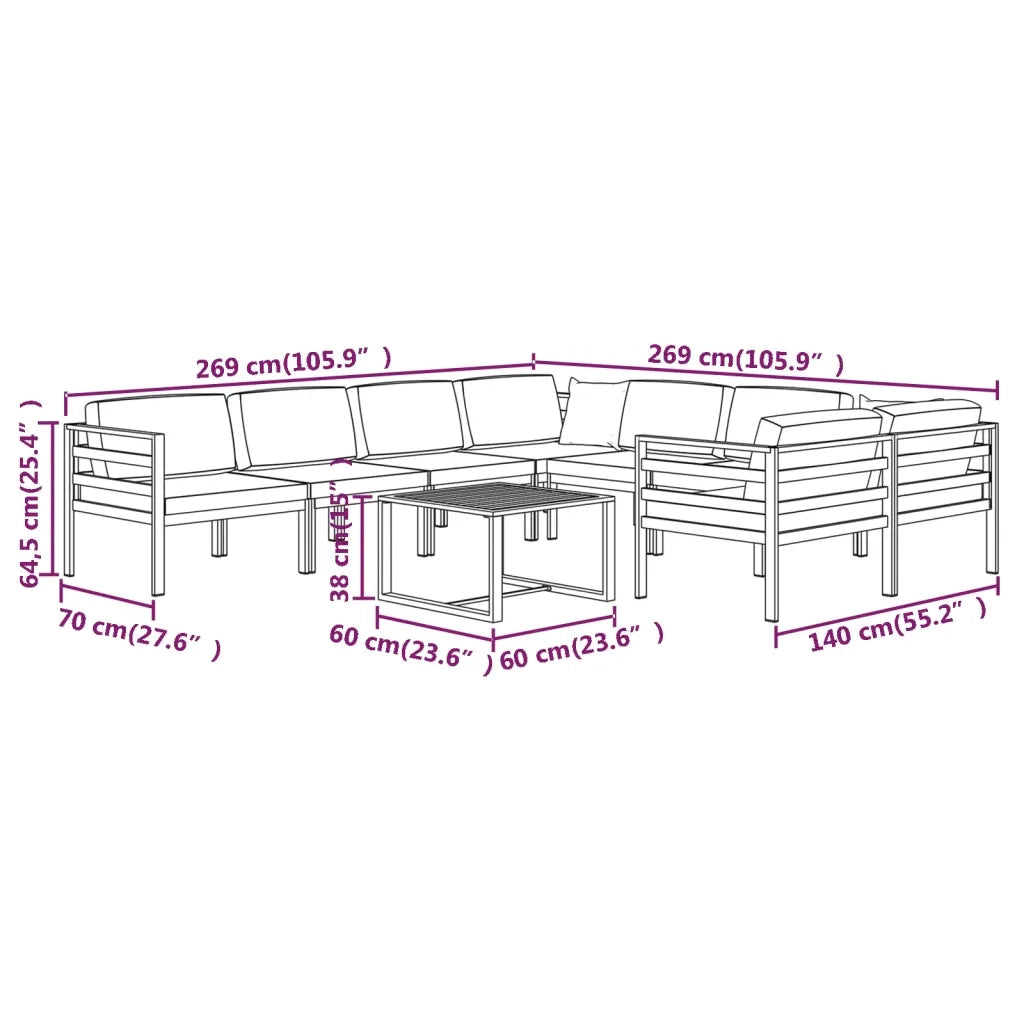 Set Divani da Giardino 9 pz con Cuscini in Alluminio Antracite 3107821