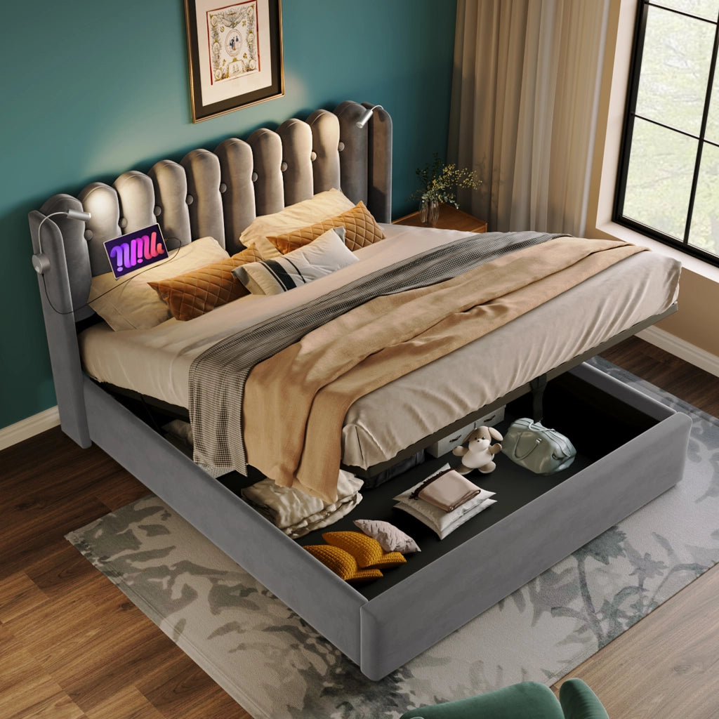 LETTO Contenitore 140x200 cm in velluto grigio con luce da lettura e USB