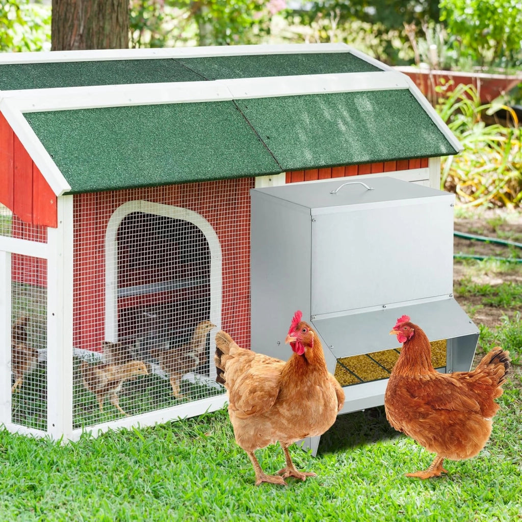 Mangiatore per Galline da 22kg in Acciaio Zincato, Mangiatoia Automatica a Muro con Coperchio, Forniture Agricole per Polli, Anatre, Tacchini e Oche, 35 x 35 x 55 cm