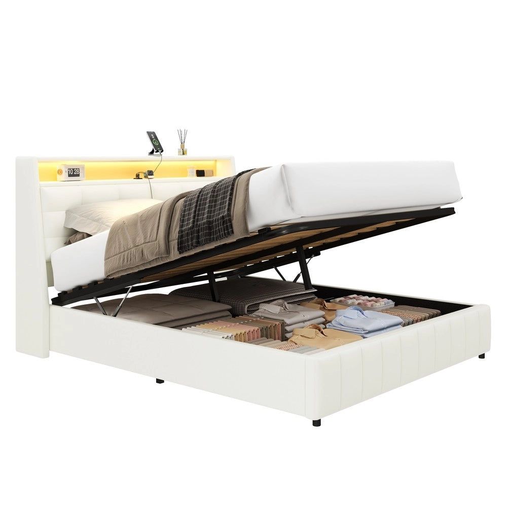 Letto Contenitore Imbottito con LED e USB ¨C MINIMAL ¨C Bianco 160x200