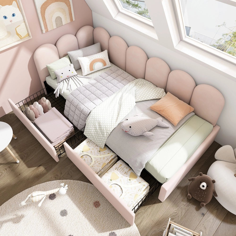 Letto Singolo Imbottito con Cassetti ¨C MINIMAL ¨C Velluto Rosa 90x200