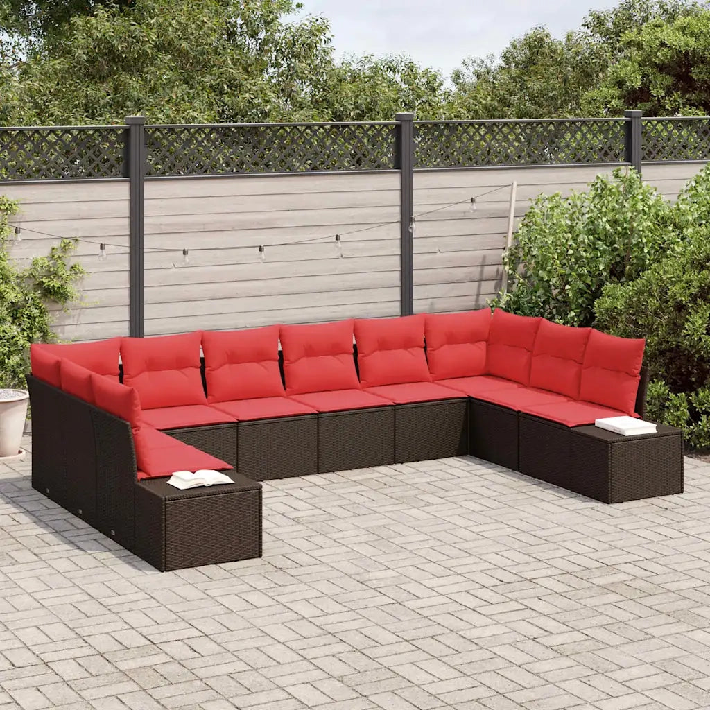 Set Divano da Giardino 10 pz 9-Numero di posti Marrone e Rosso 3355913